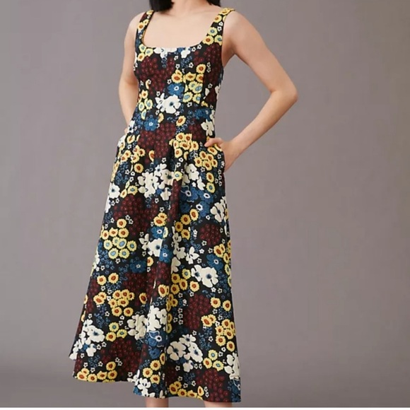 Anthropologie Maeve Marigold Ponte FloralCorset Back Fit & Flare Midi Dress14